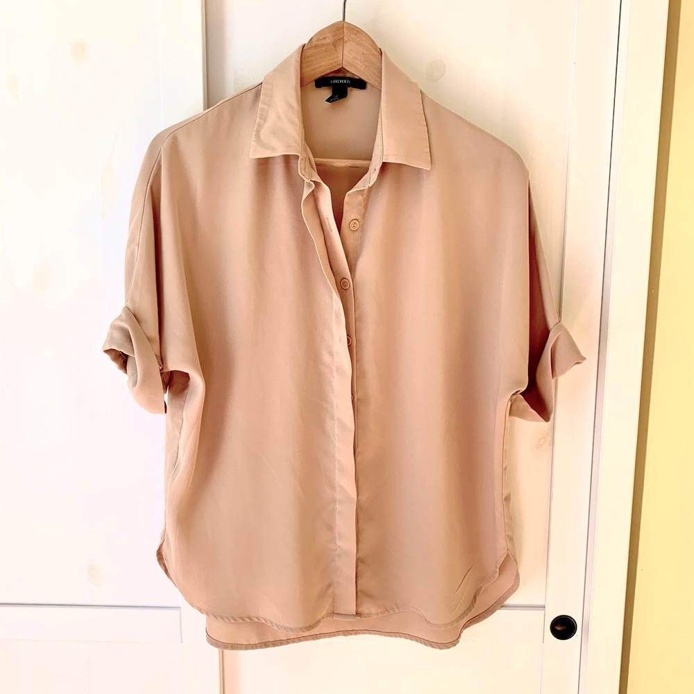 Beige Short Sleeved Silky Top
